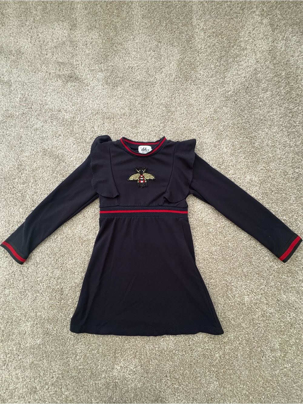 Lola + The Boys Navy Dress with Red Trim and Bee Patch